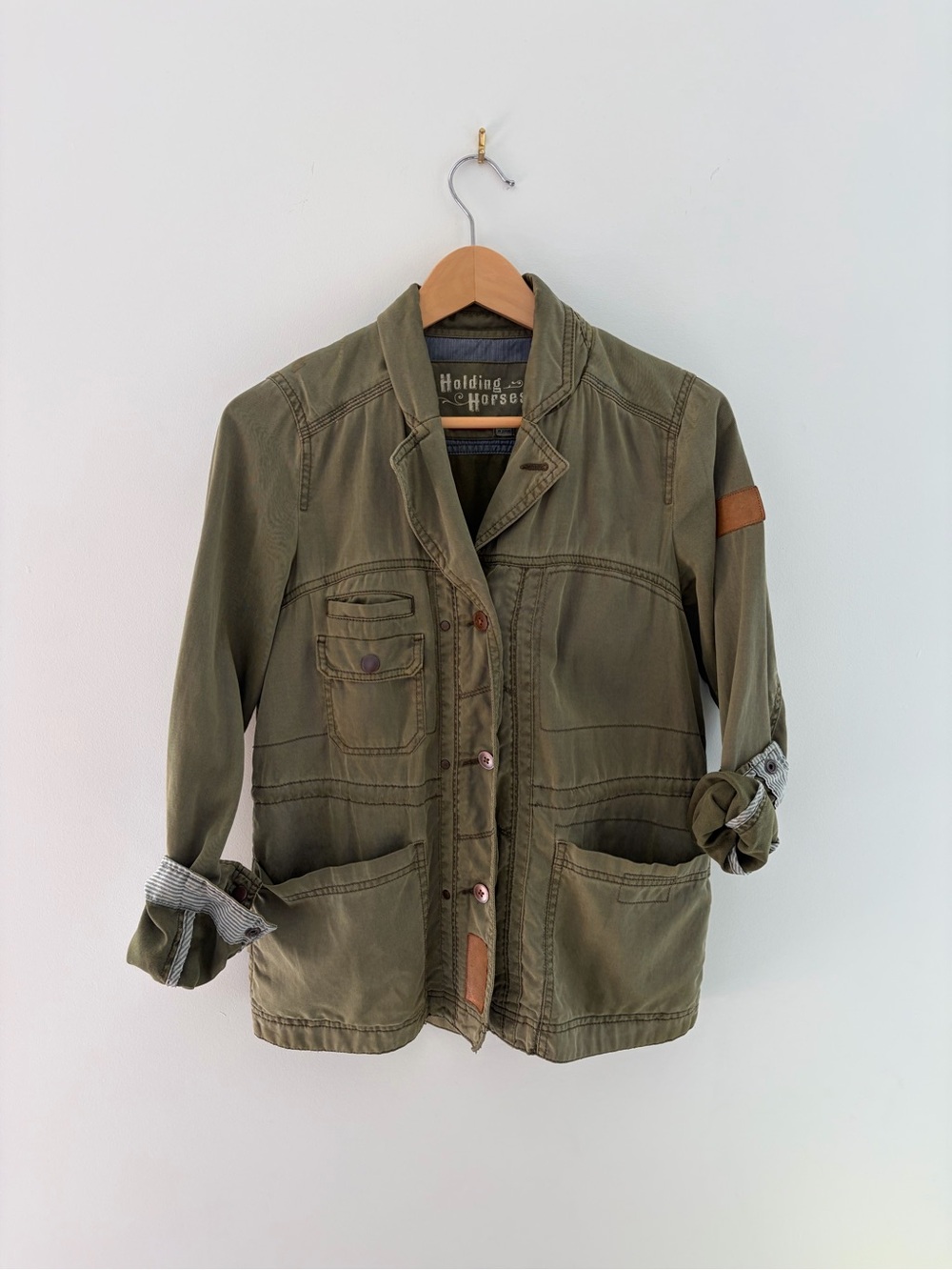 HOLDING HORSES Olive Field Jacket with Contrast Cuffs, XS